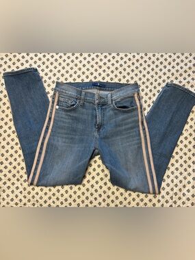 7 For All Mankind Blue Skinny Jeans with Pink Side Stripes Size 27